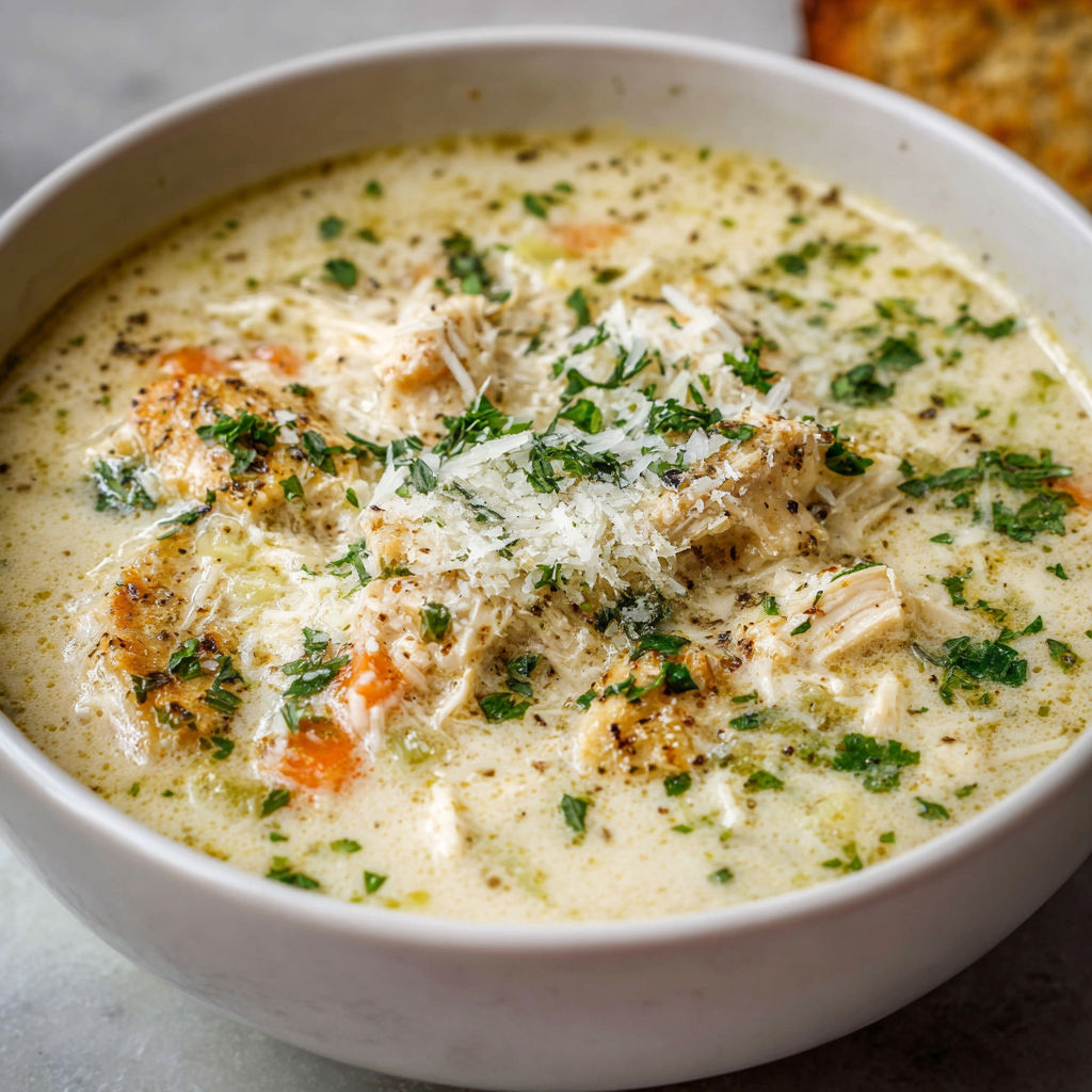 A bowl of Garlic Parmesan Chicken Soup with chicken, cheese, and herbs.