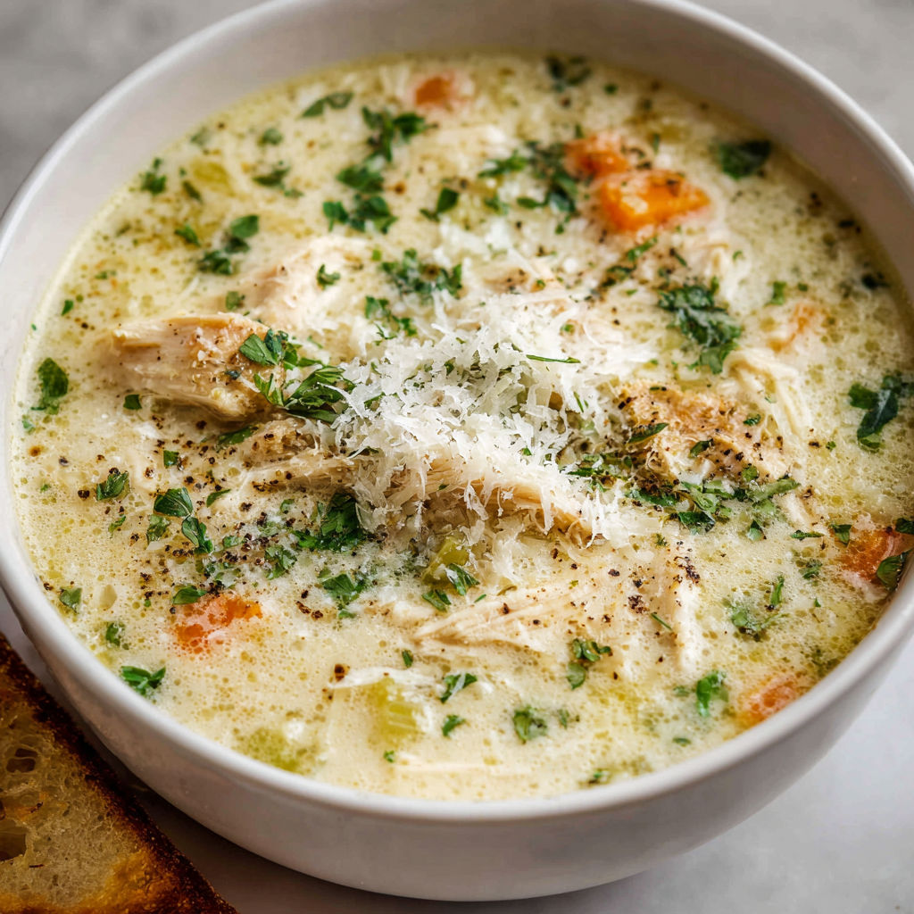A bowl of chicken noodle soup with a slice of bread on the side.