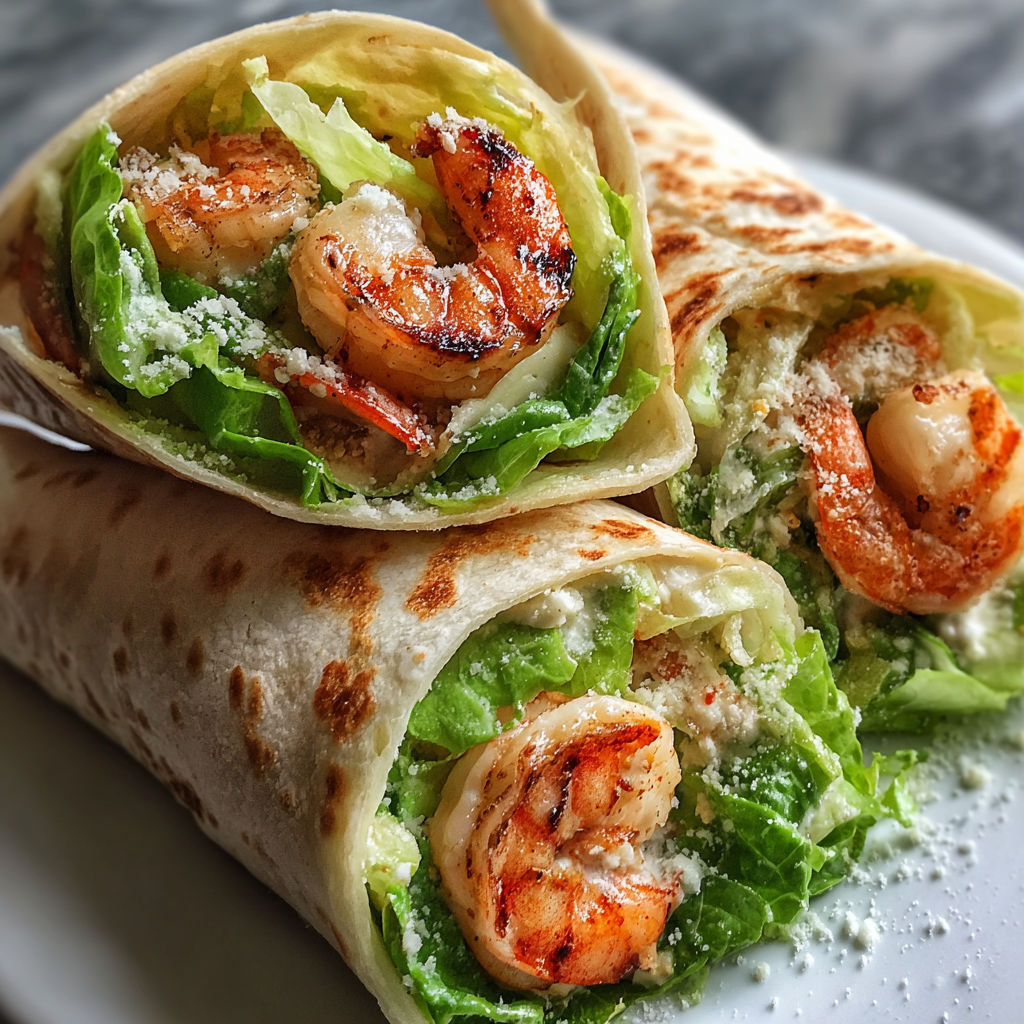 A delicious Grilled Shrimp Caesar Wrap is served on a white plate.