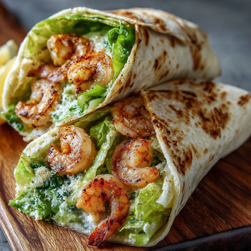 A delicious shrimp and lettuce wrap is displayed on a wooden cutting board.