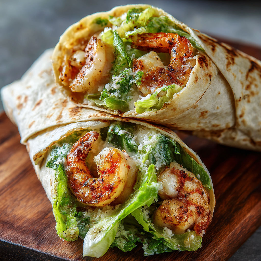 A delicious shrimp and lettuce wrap is displayed on a wooden cutting board.