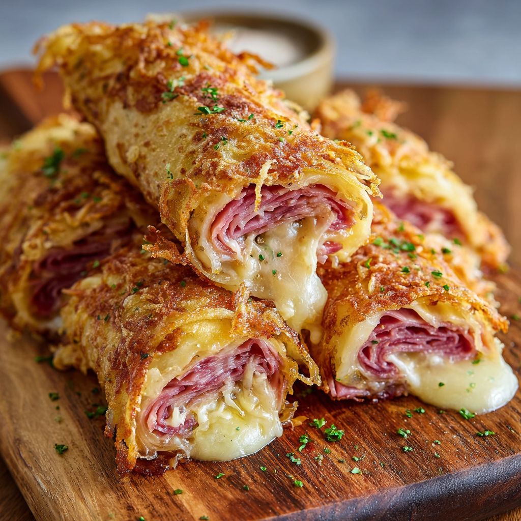 A delicious Keto Crispy Reuben Roll-Ups recipe, featuring a cheesy and crispy bread filled with meat and cheese, is presented on a wooden cutting board.