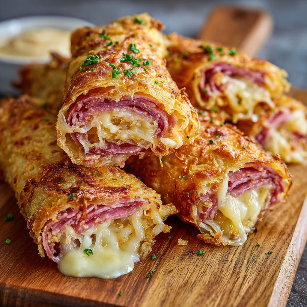 A delicious meal of meat and cheese wrapped in a pastry is served on a wooden cutting board.