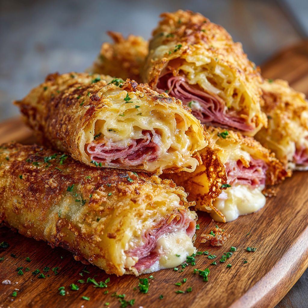 A delicious meal of meat and cheese wrapped in a pastry, served on a wooden platter.