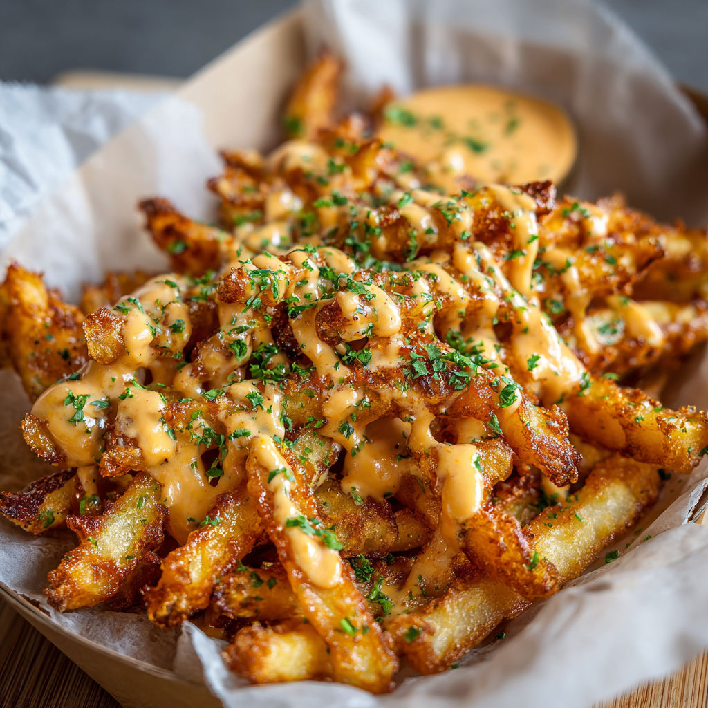 A delicious cheese-covered french fry dish, likely a cheese-covered fries recipe, is presented on a wooden table.