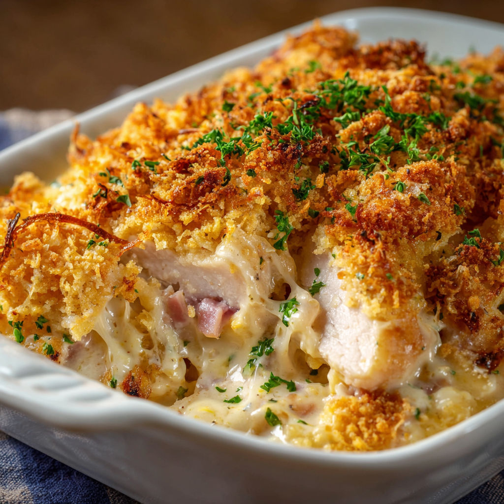 A delicious Chicken Cordon Bleu Casserole is ready to be served.