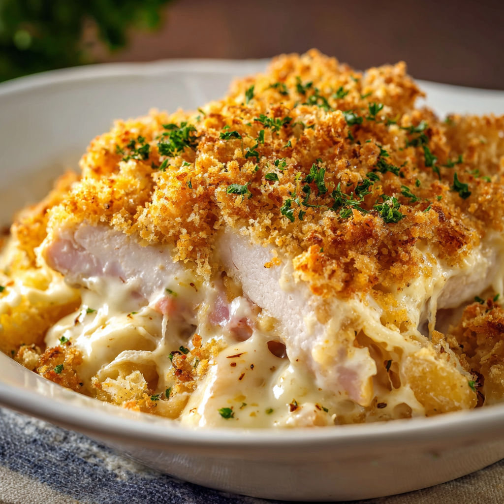 A delicious Chicken Cordon Bleu Casserole, topped with cheese and breadcrumbs, is served in a white bowl.