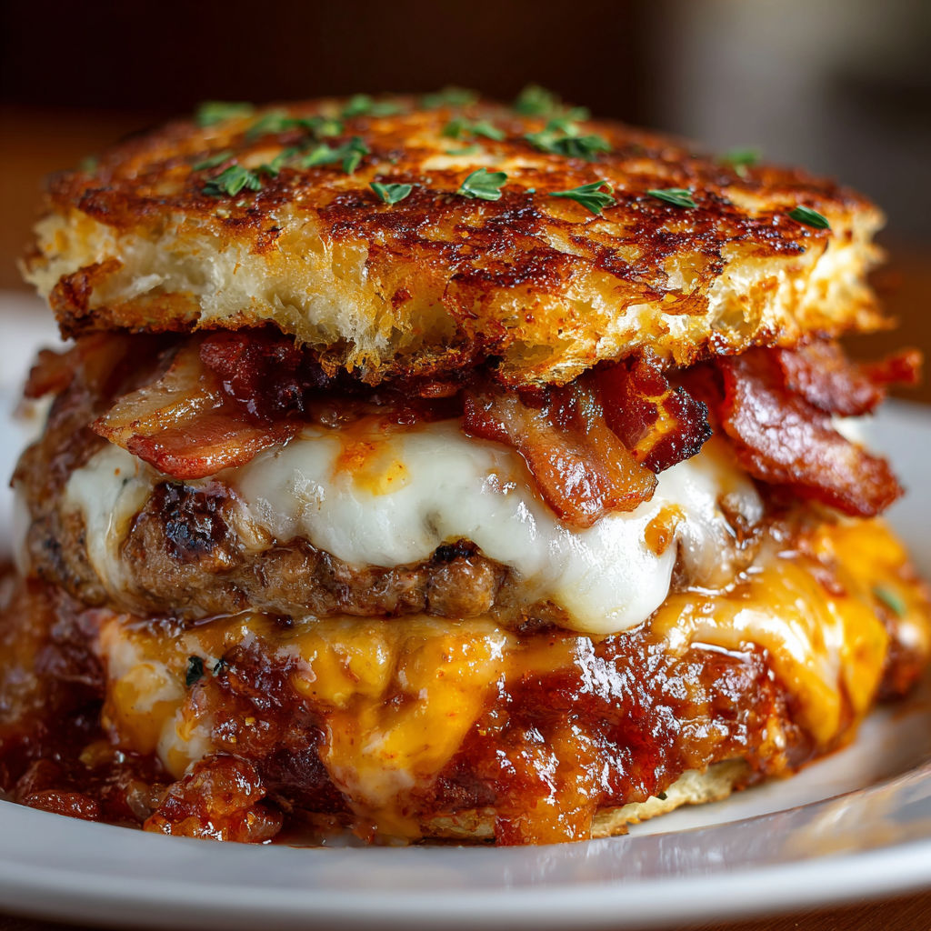 A delicious bacon lasagna burger is served on a white plate.