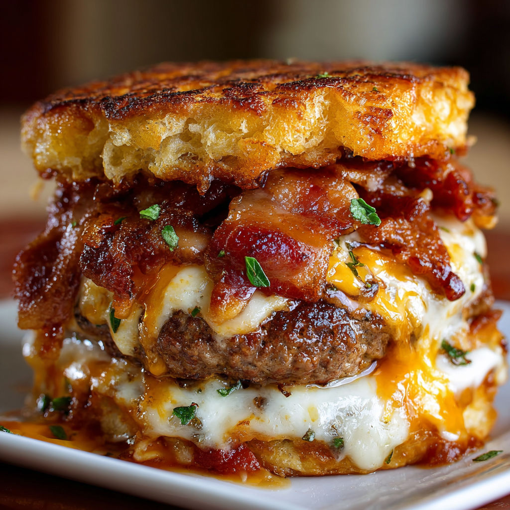 A close-up of a delicious bacon lasagna burger, with layers of cheese and bacon, served on a white plate.