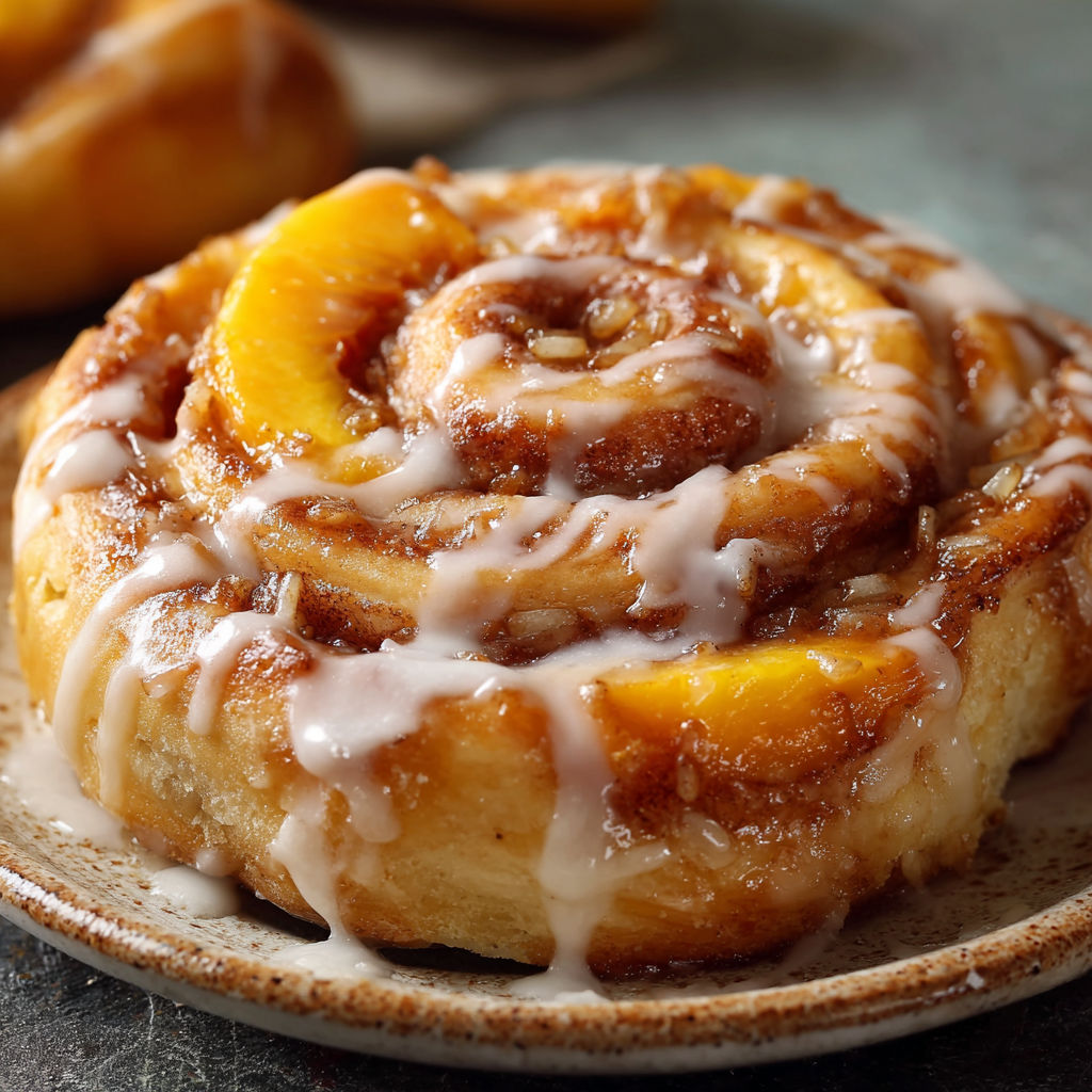 A plate of Peach Pie Cinnamon Rolls, drizzled with icing, sits on a table.