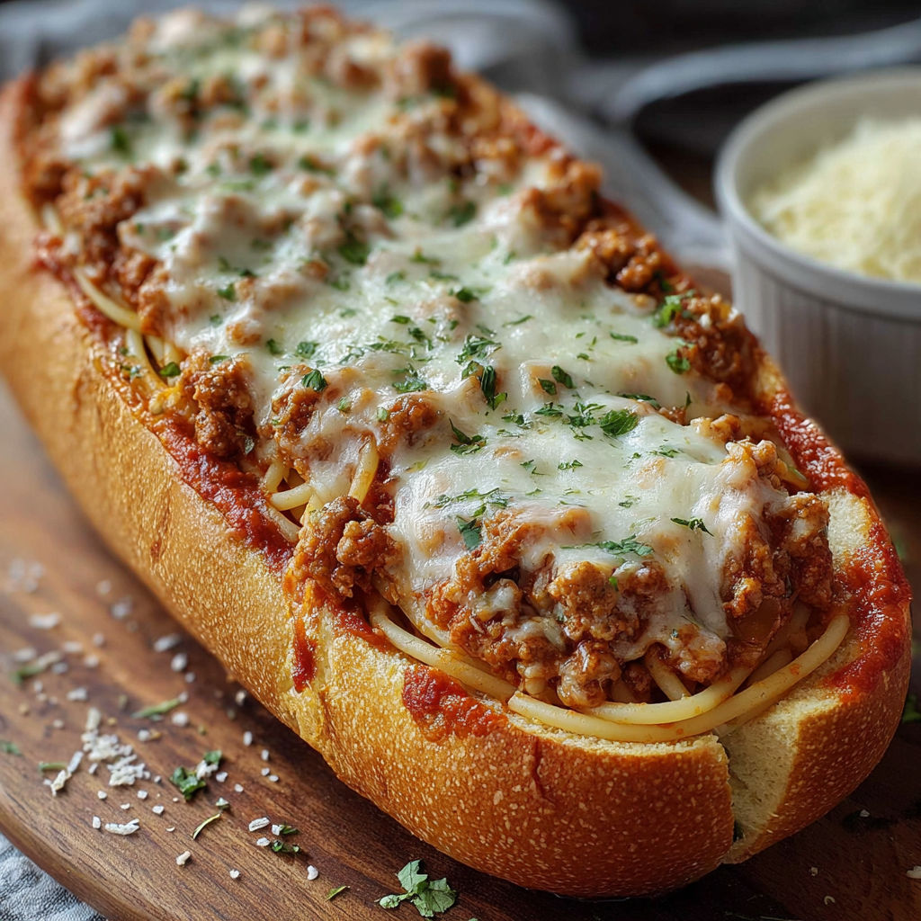A delicious cheesy stuffed Italian bread boat is displayed on a wooden cutting board.