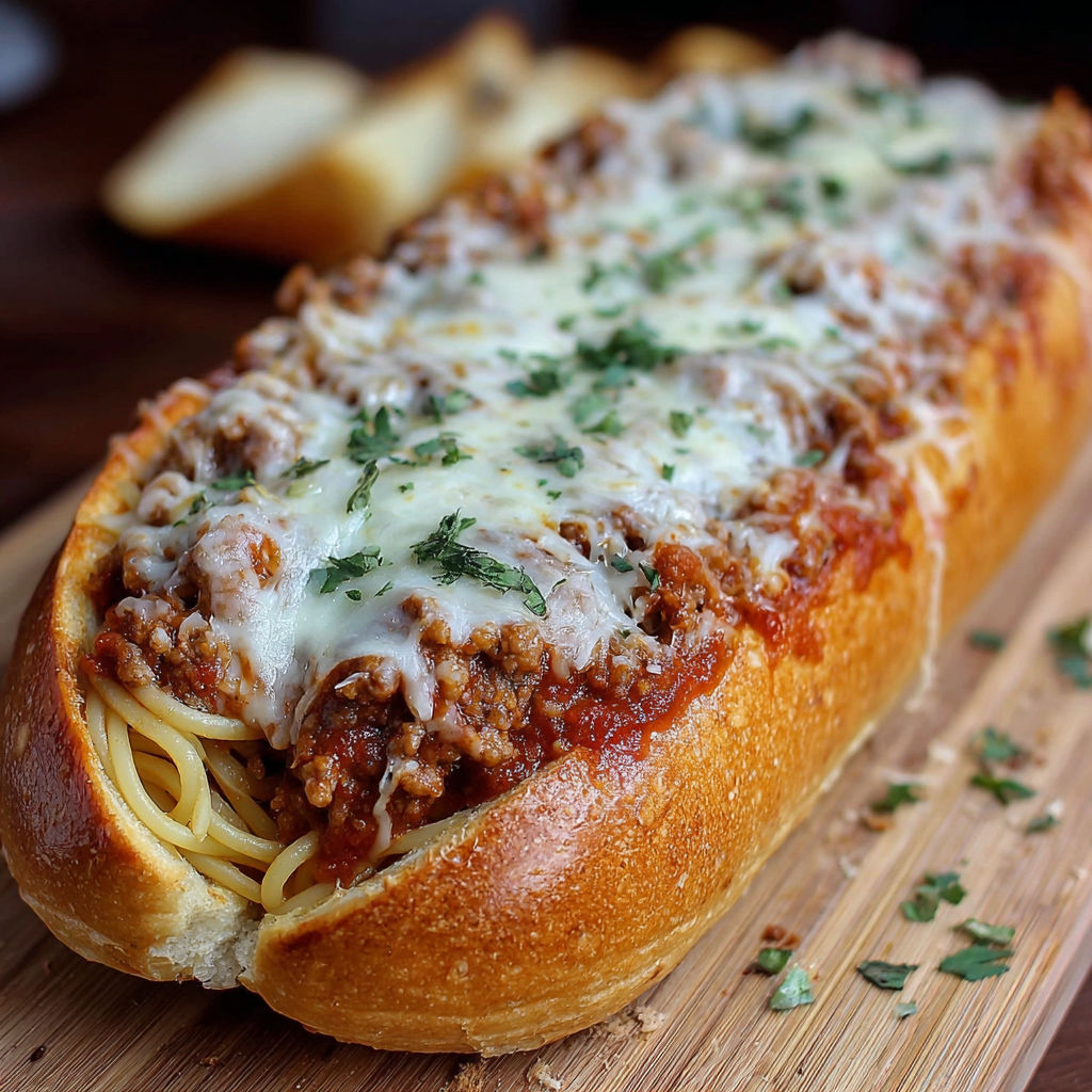 A delicious cheesy stuffed Italian bread boat filled with meat and spaghetti.