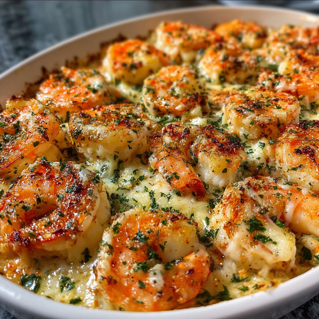 A delicious Garlic Parmesan Shrimp Bake is ready to be served.