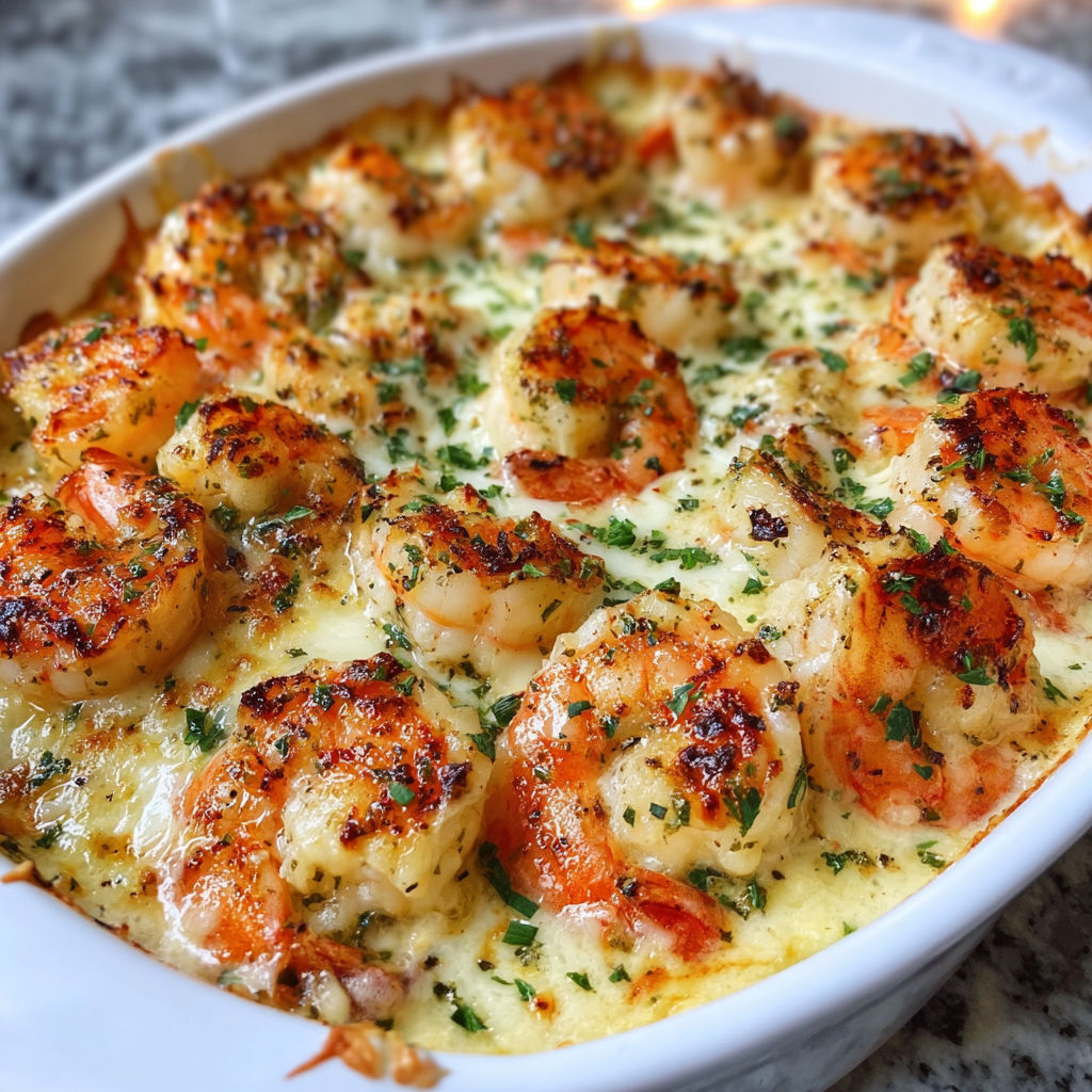 A white bowl filled with a delicious shrimp and cheese dish.