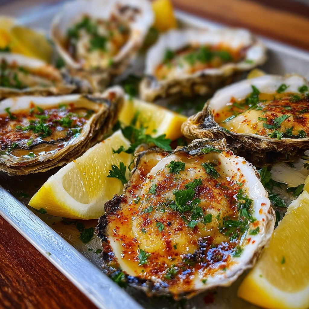 A dish of grilled oysters with a smoky lemon garlic sauce, topped with lemon wedges.