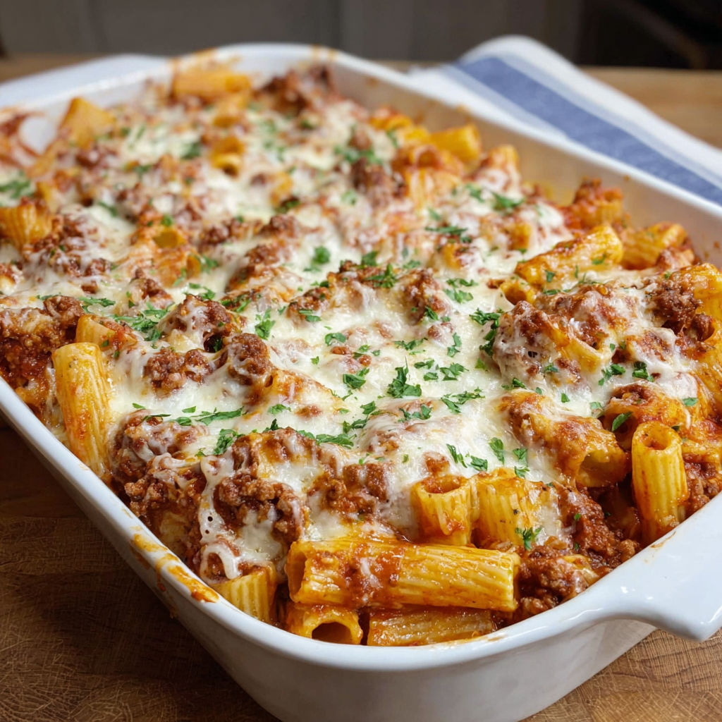 A delicious Cheesy Baked Rigatoni Pasta dish is ready to be served.