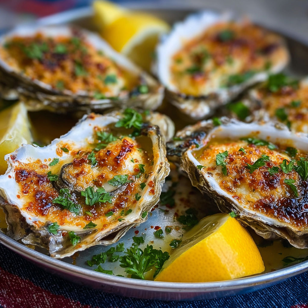 A plate of cooked oysters with lemon wedges and herbs.