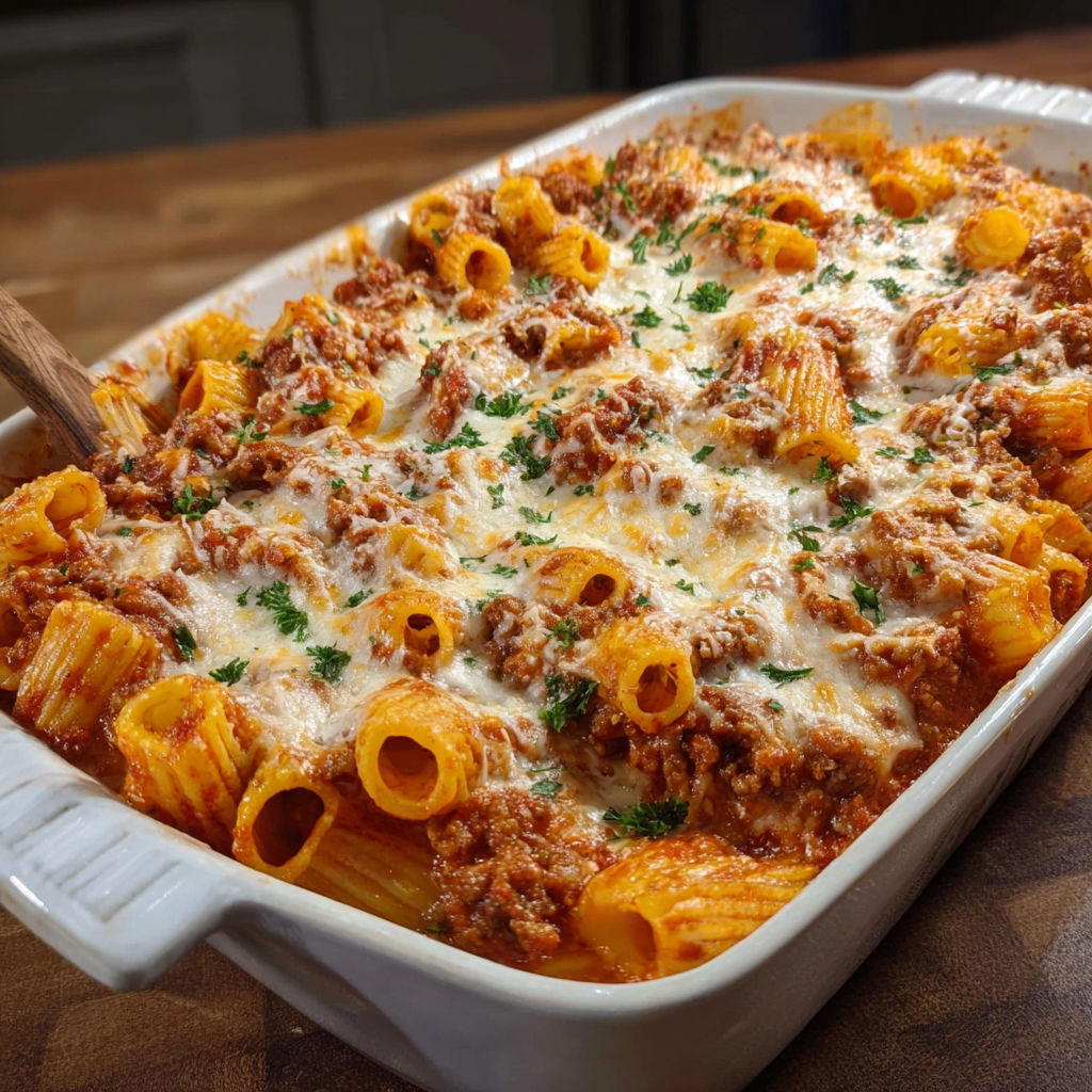 A delicious pasta dish with meat and cheese, served in a white bowl.