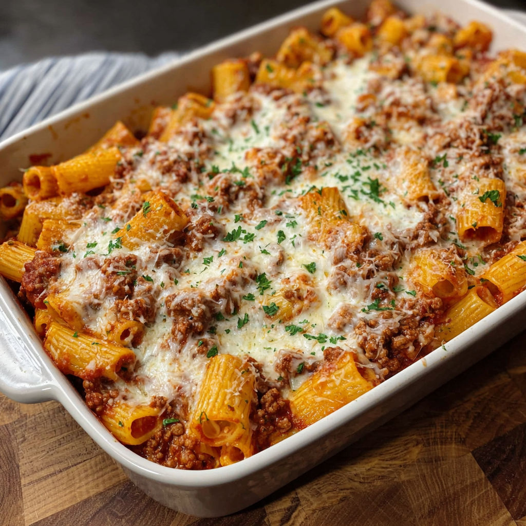 A dish of pasta with meat and cheese, possibly a lasagna or a baked ziti, is displayed on a wooden table.