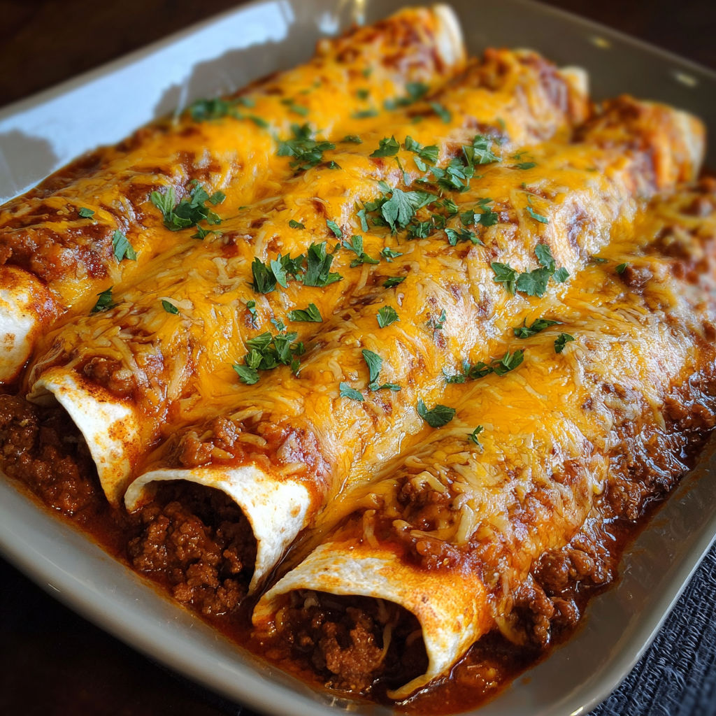A plate of beef and bean enchiladas is served on a table.