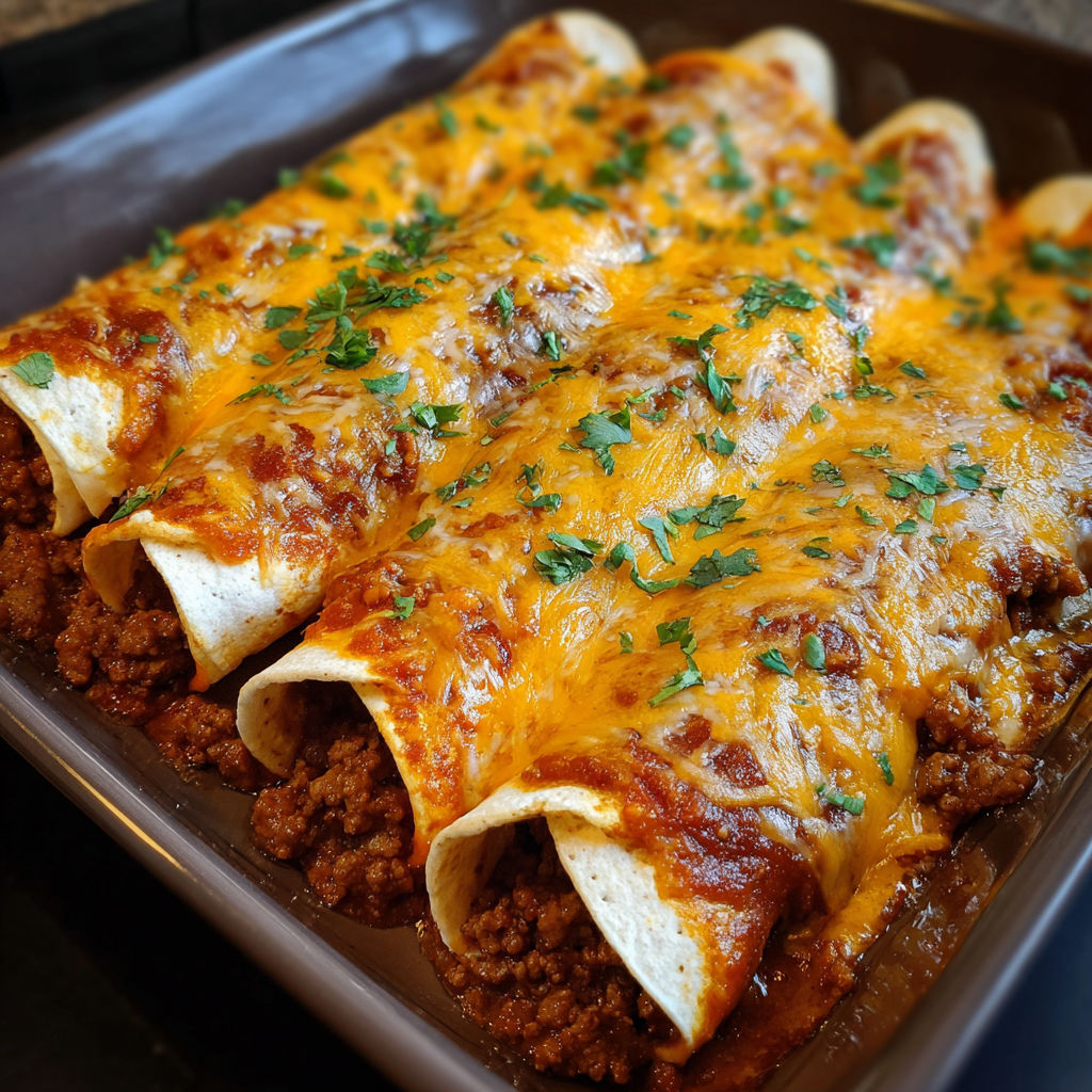 A dish of beef and bean enchiladas, served in a bowl.