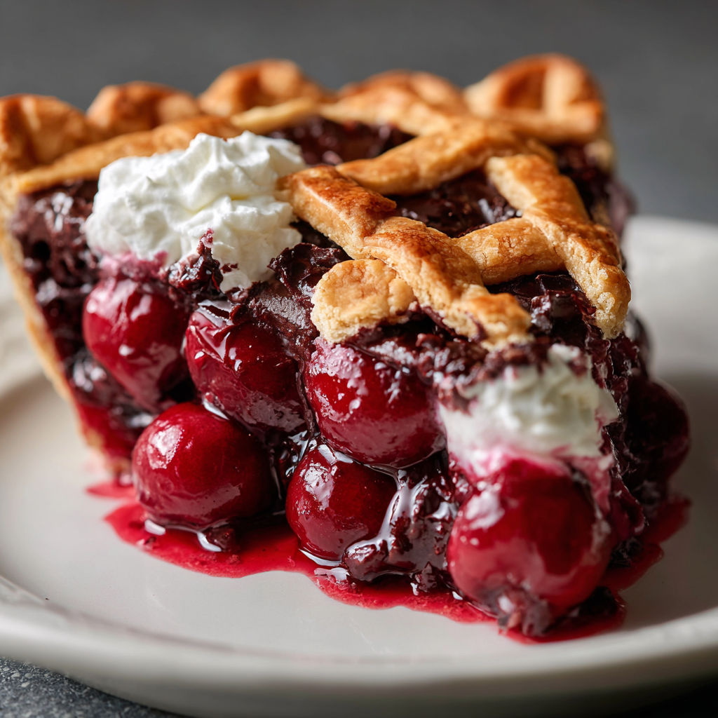 A slice of cherry pie with white whipped cream on a white plate.