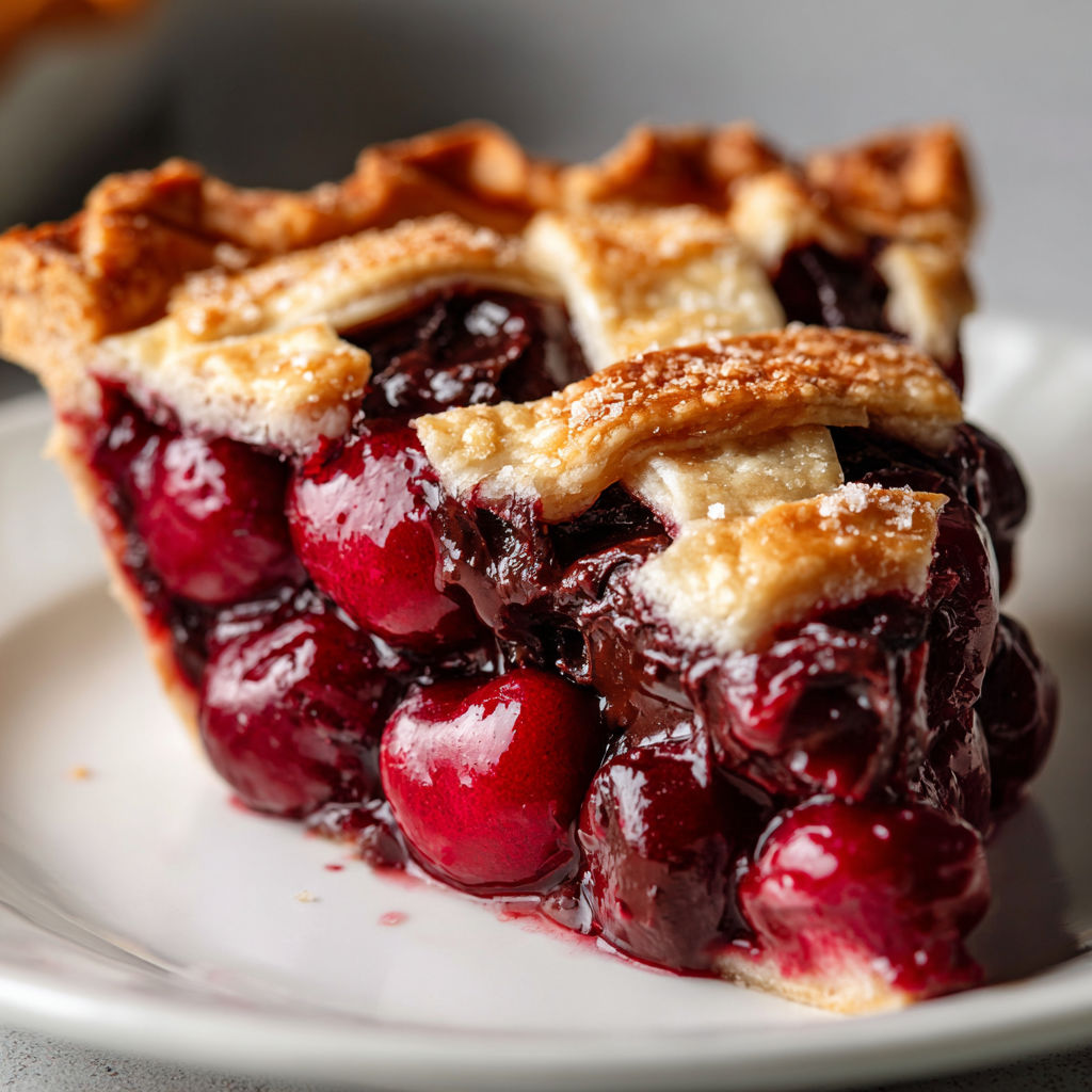 A slice of cherry pie on a white plate.