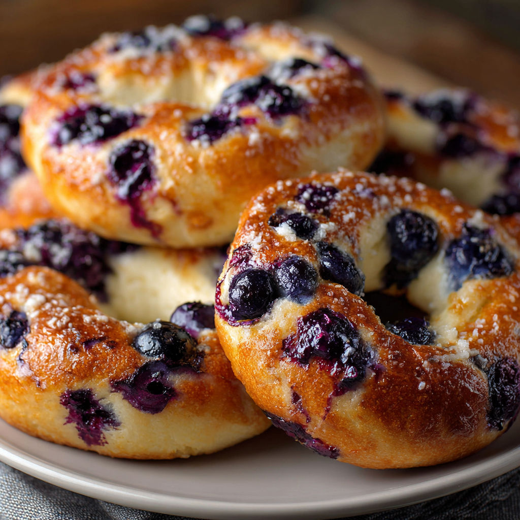 A plate of freshly baked blueberry bagels with powdered sugar on top.