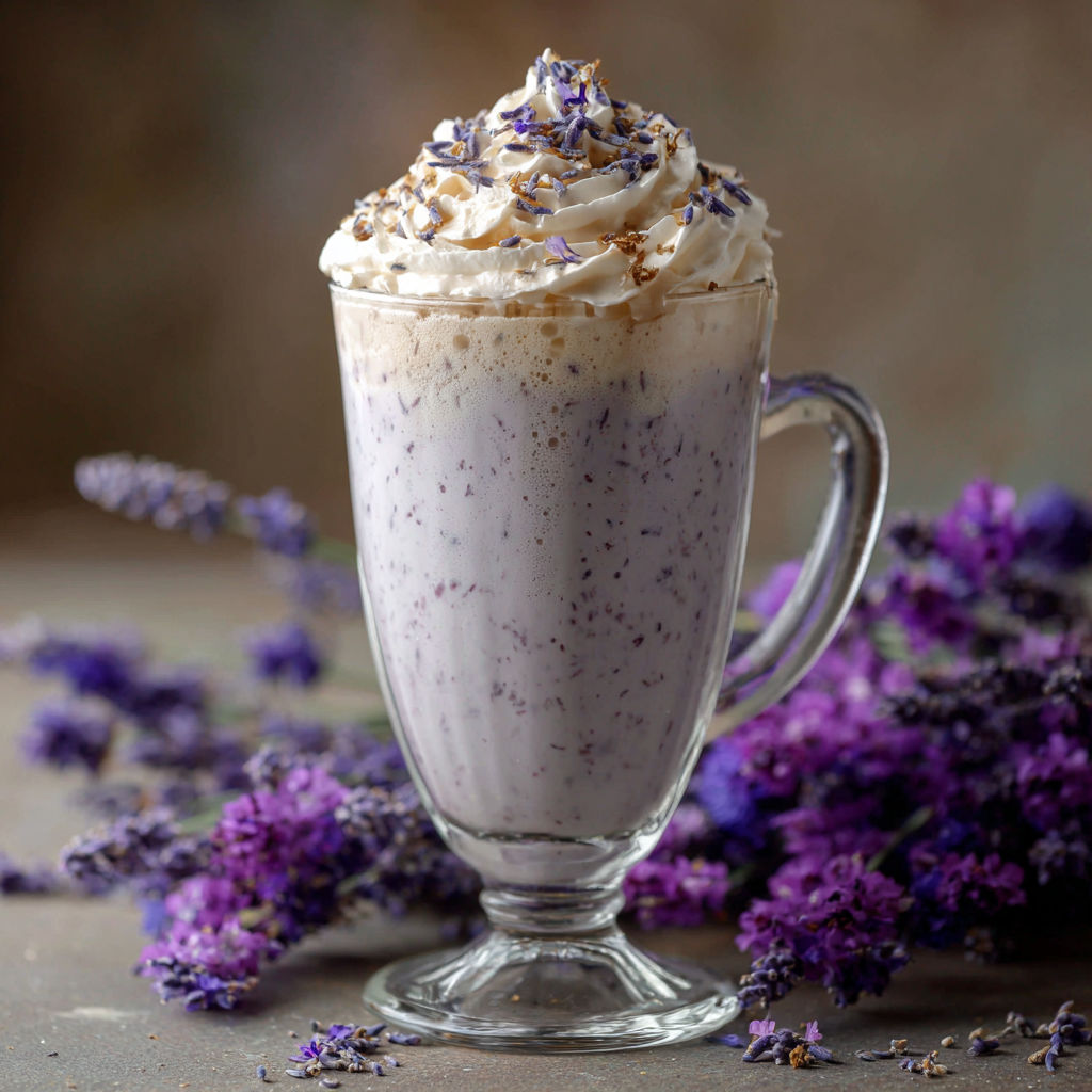 A glass of lavender milk with whipped cream on top, sitting on a table with purple flowers.