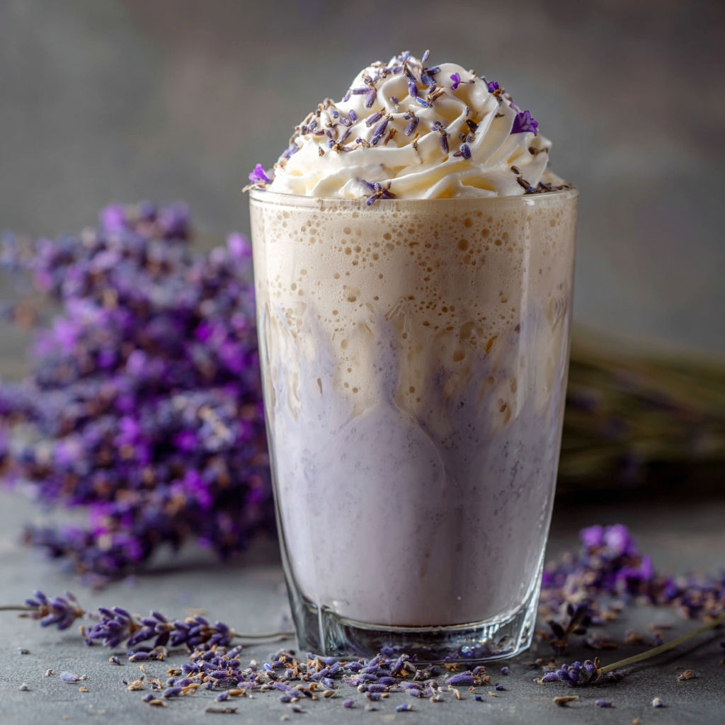 A glass of lavender milkshake with whipped cream on top.