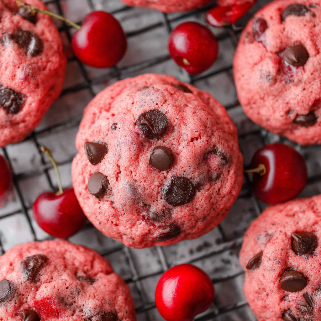A close up of a delicious cherry chocolate chip cookie with a cherry on top.