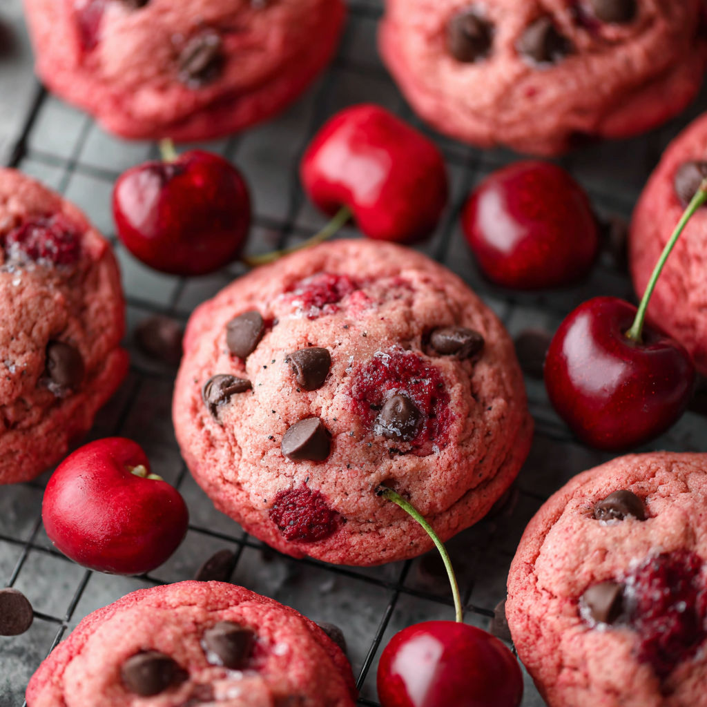 Cherry chocolate chip cookies on a cooling rack.