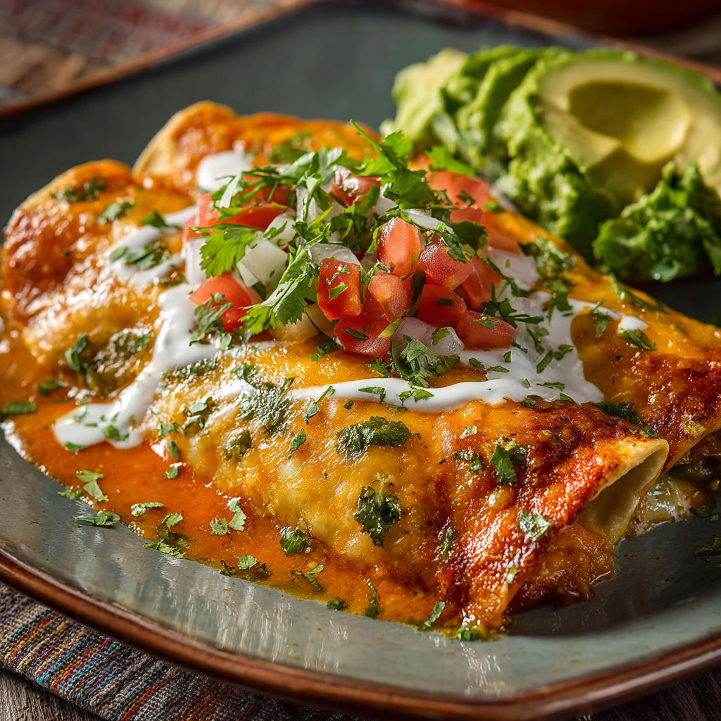 A delicious Mexican meal is served on a plate, featuring a chicken enchilada with sour cream and guacamole.
