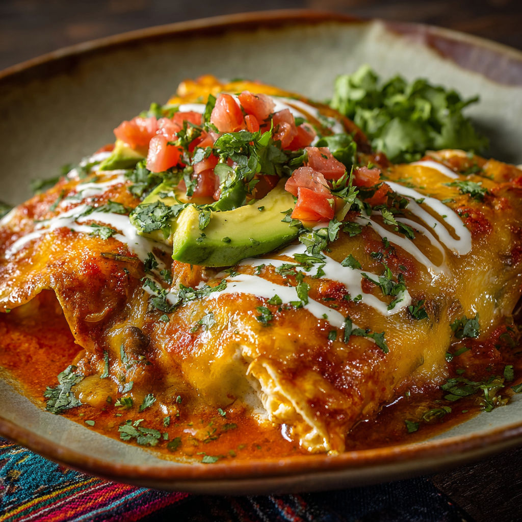 A delicious Mexican dish is served in a bowl, topped with tomatoes, avocado, and sour cream.