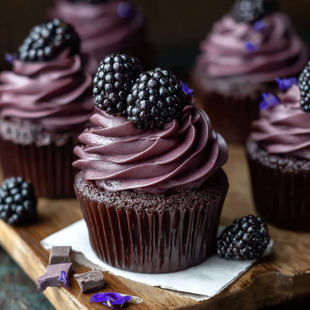 A close up of a delicious blackberry chocolate cupcake with a purple flower on top.