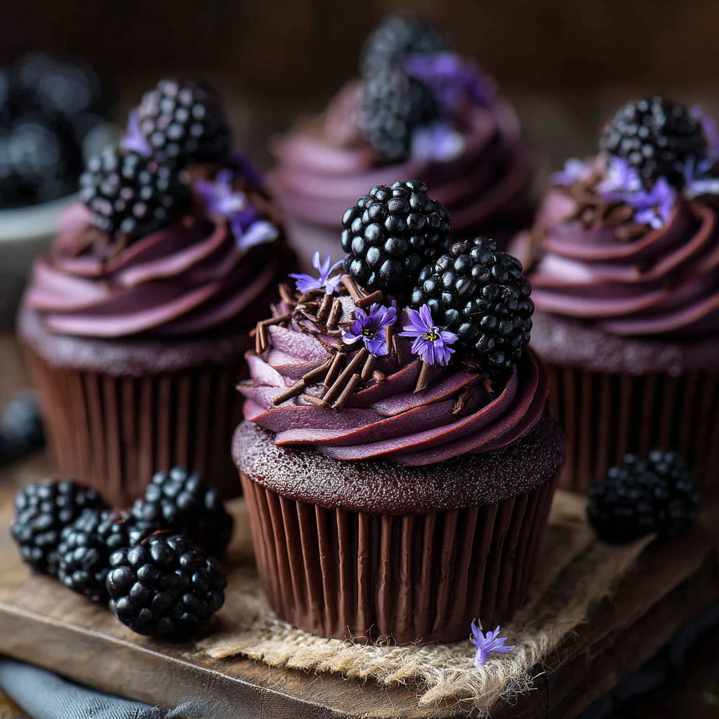 Three Blackberry Chocolate Cupcakes with purple flowers on top.