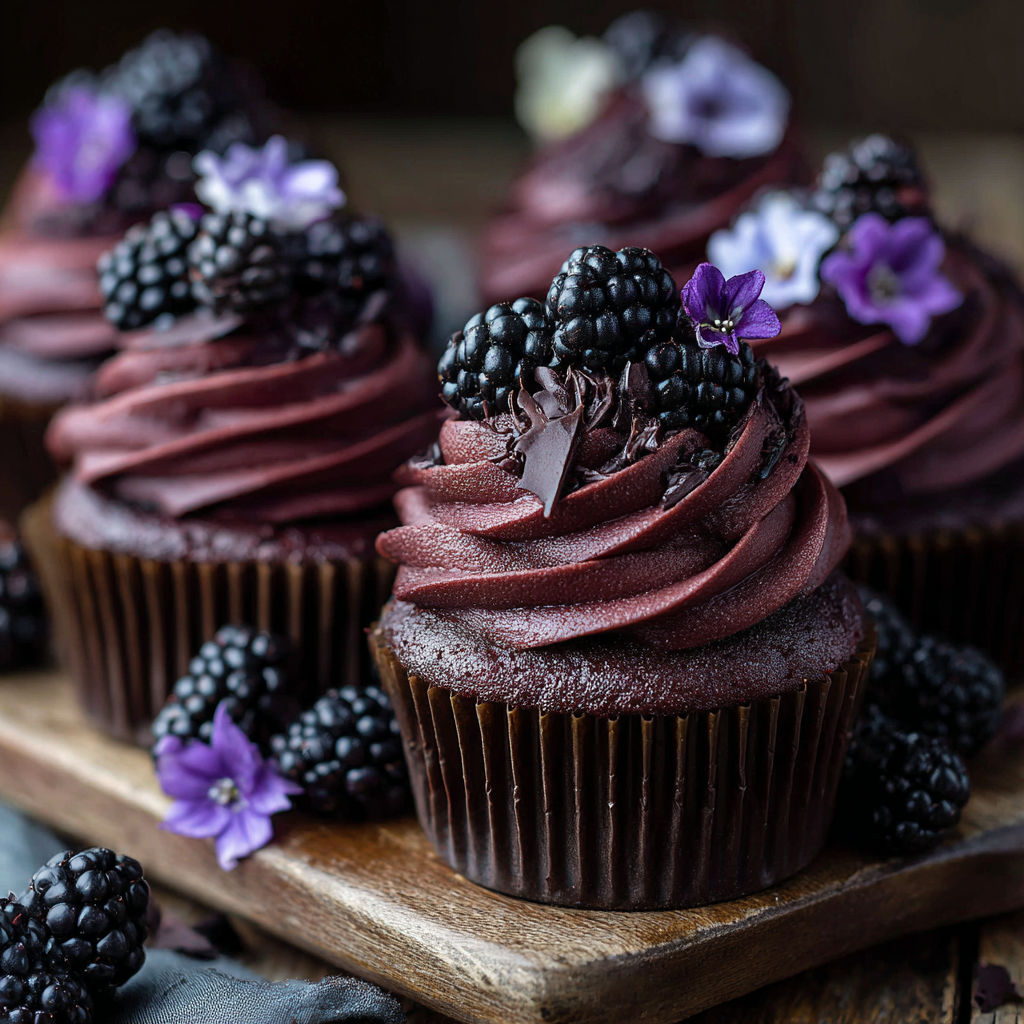A close up of a chocolate cupcake with blackberries on top.