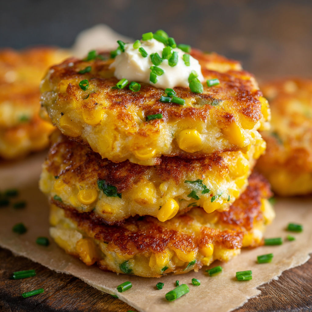 A stack of High Protein Cheddar Corn Fritters on a wooden table.