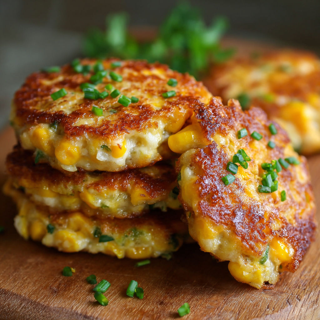 A stack of three corn cakes with green onions on top.