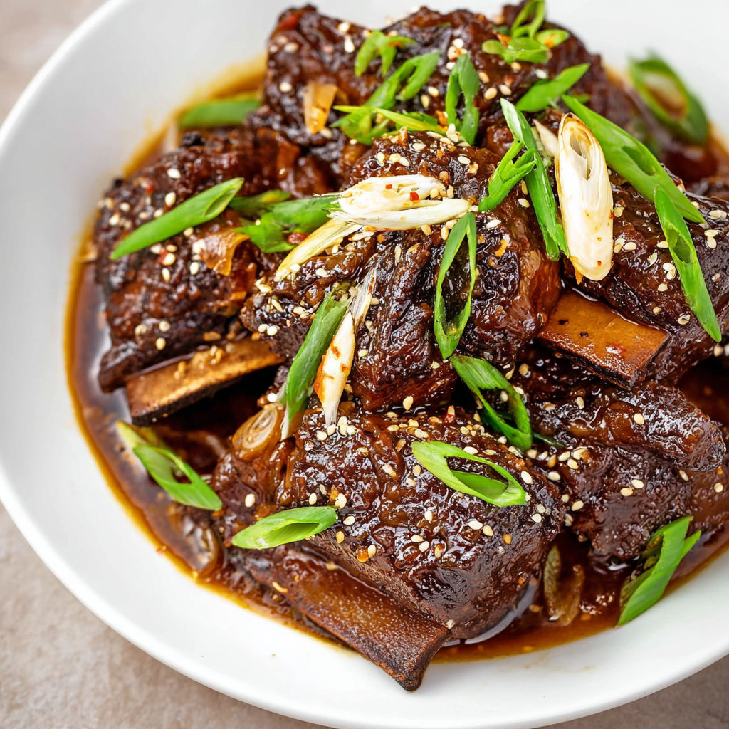 A white bowl filled with Korean short ribs and onions.