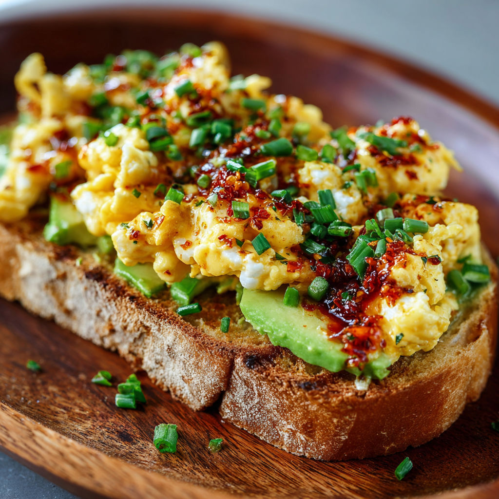 A delicious Chili Crisp JUST Egg Avocado Toast is served on a wooden platter.