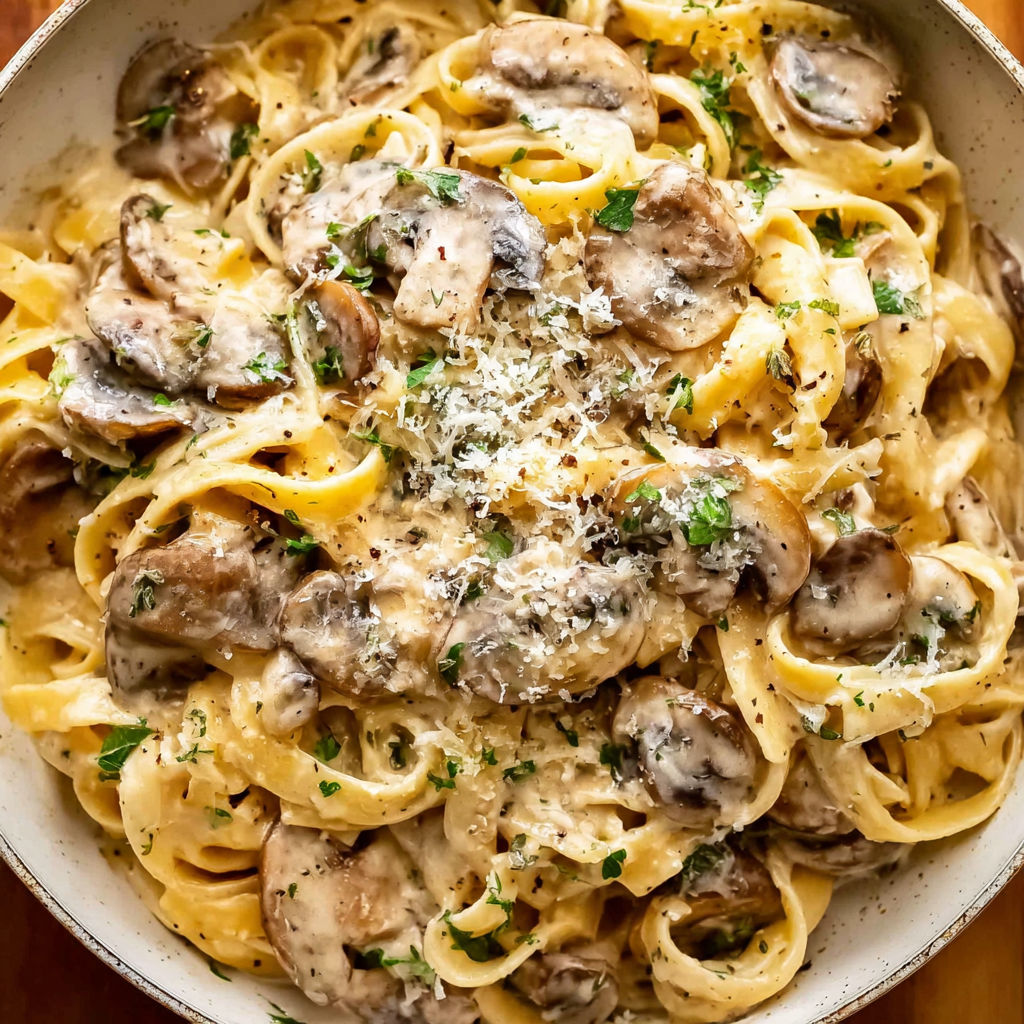 A bowl of pasta with mushrooms and cheese on top.