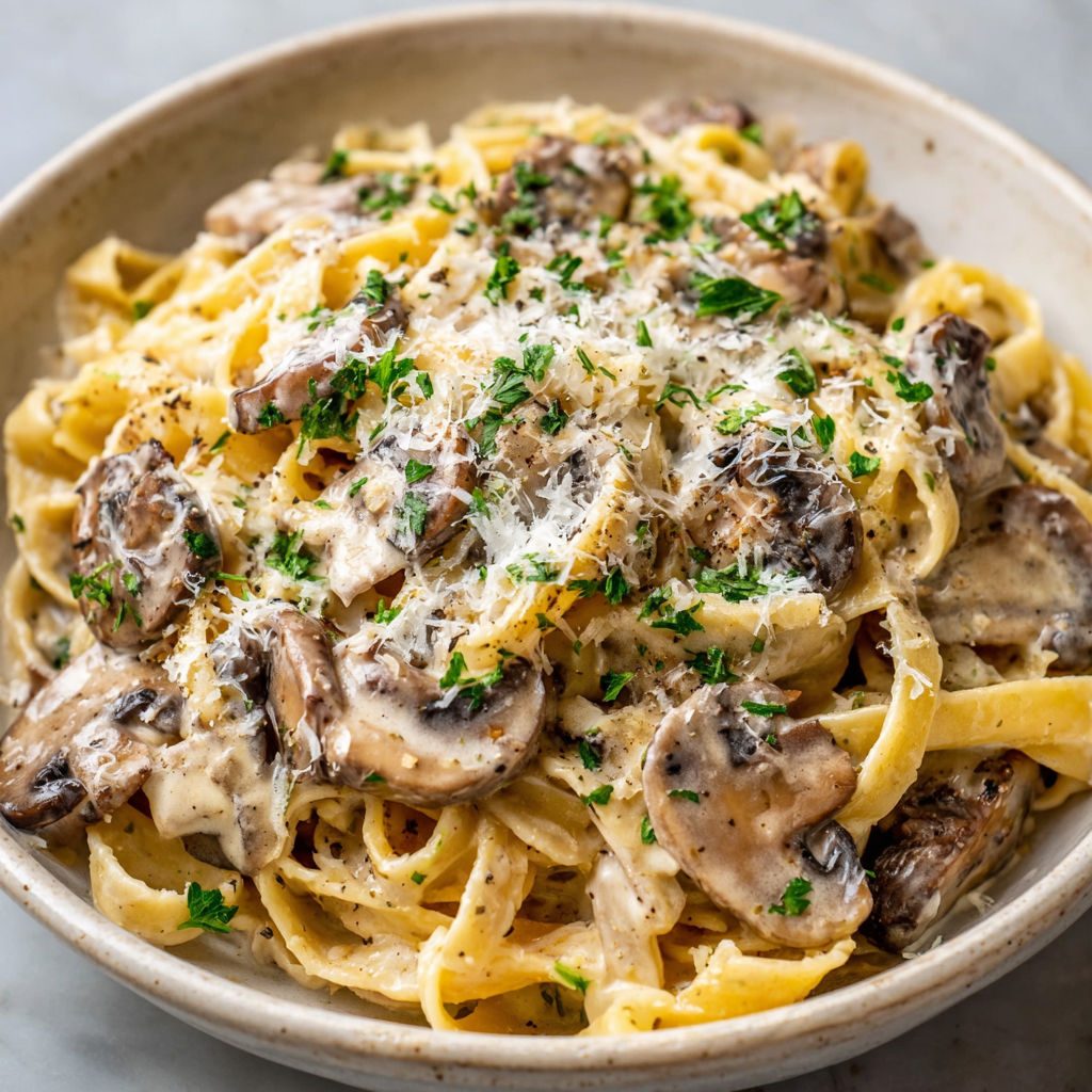 A bowl of pasta with mushrooms and cheese, possibly a creamy mushroom pasta dish.