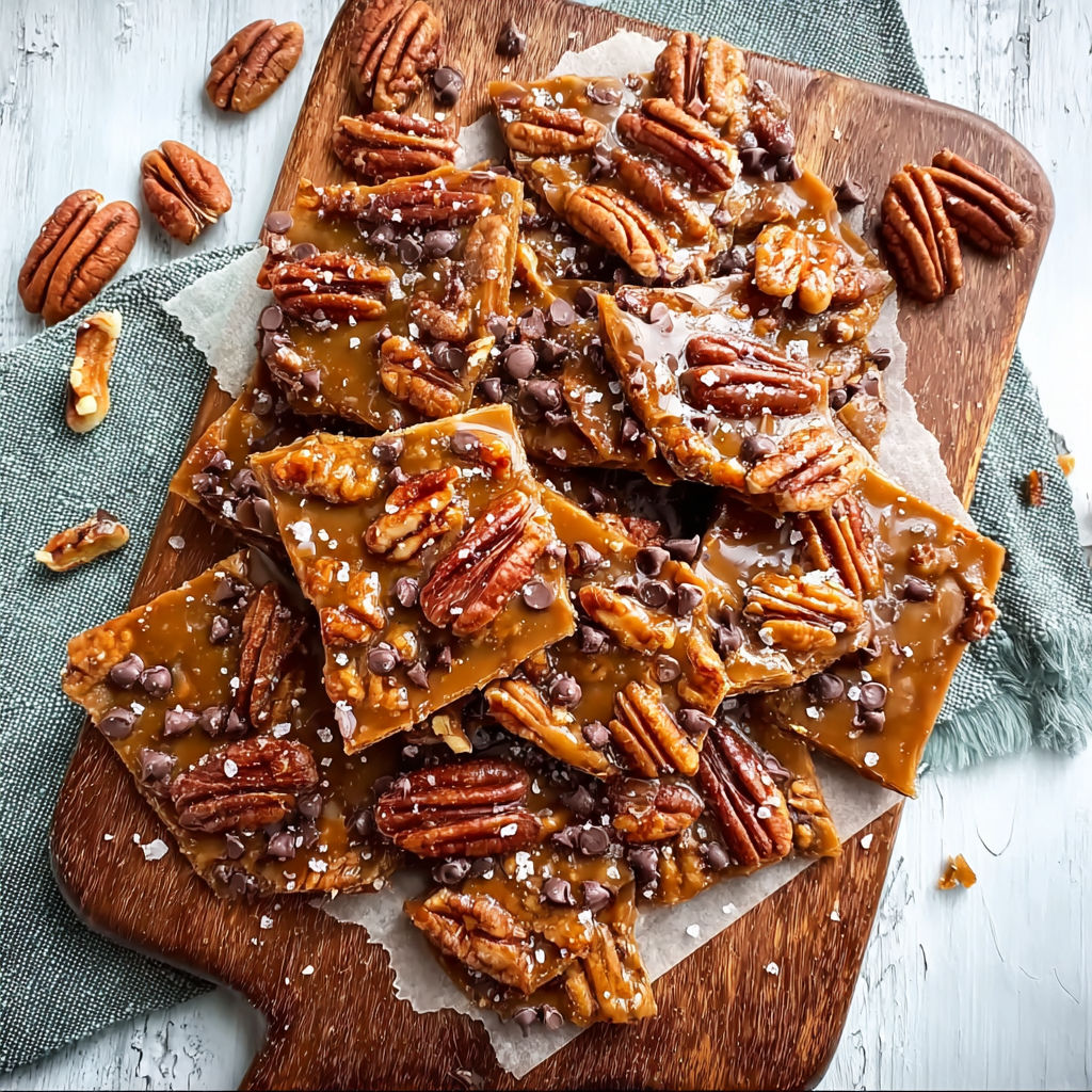 A wooden cutting board holds a delicious dessert made with pecans and caramel.