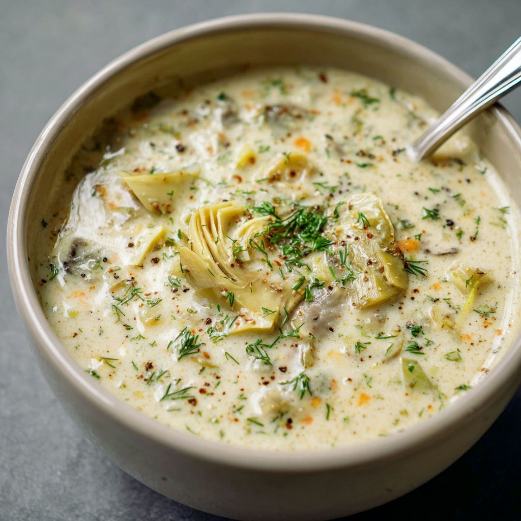 A bowl of artichoke soup with a spoon inside.