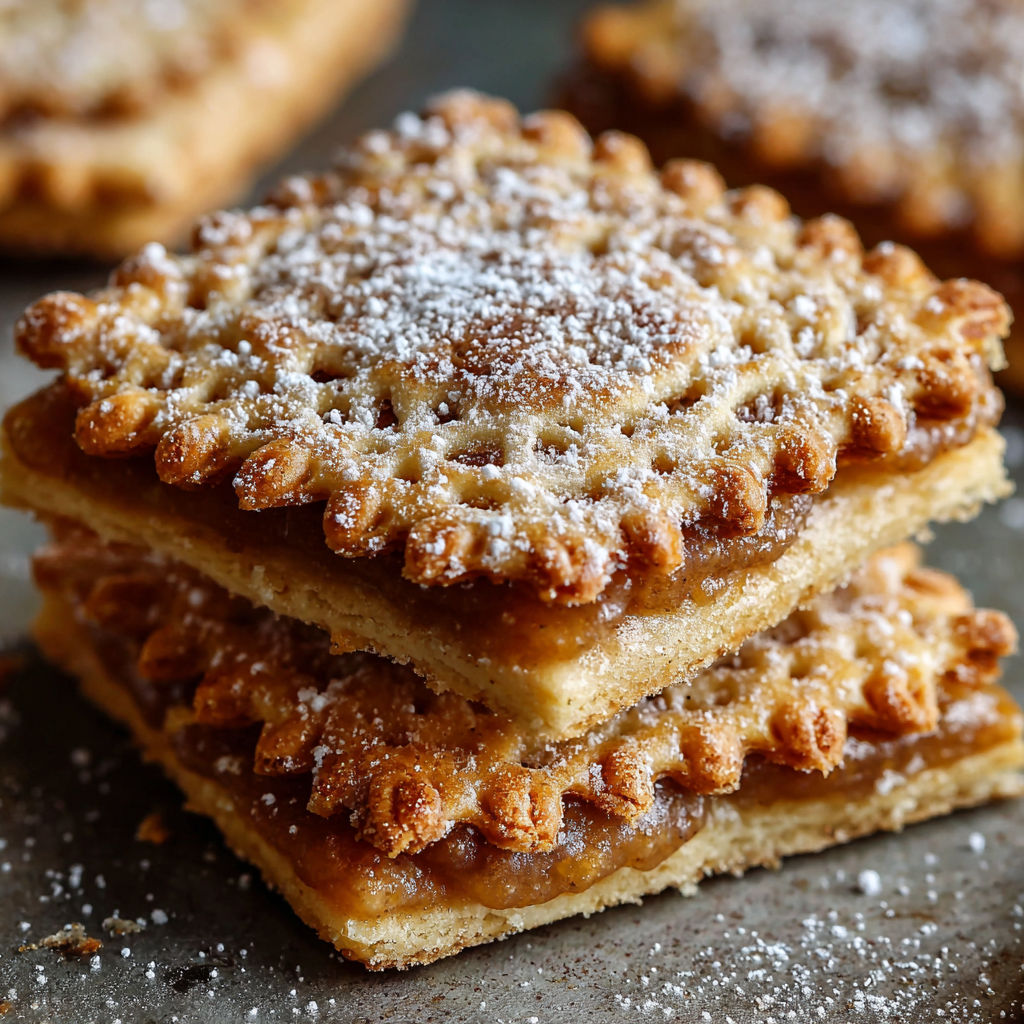 A stack of three pastry treats, each topped with powdered sugar and drizzled with caramel sauce.