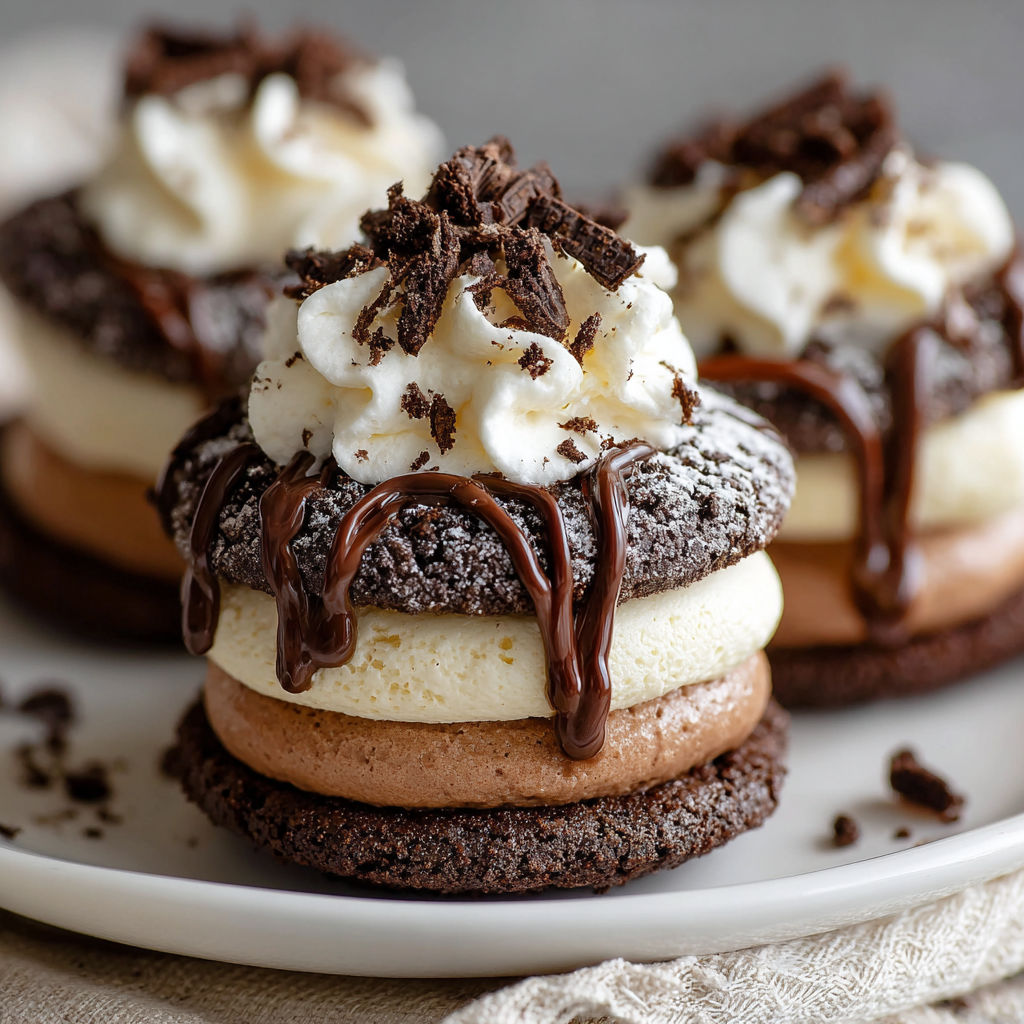 A plate of French Silk Pie Cookies with chocolate drizzle and whipped cream on top.