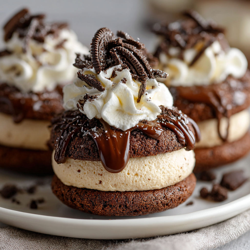 A plate of chocolate chip cookies with white frosting and chocolate drizzle.