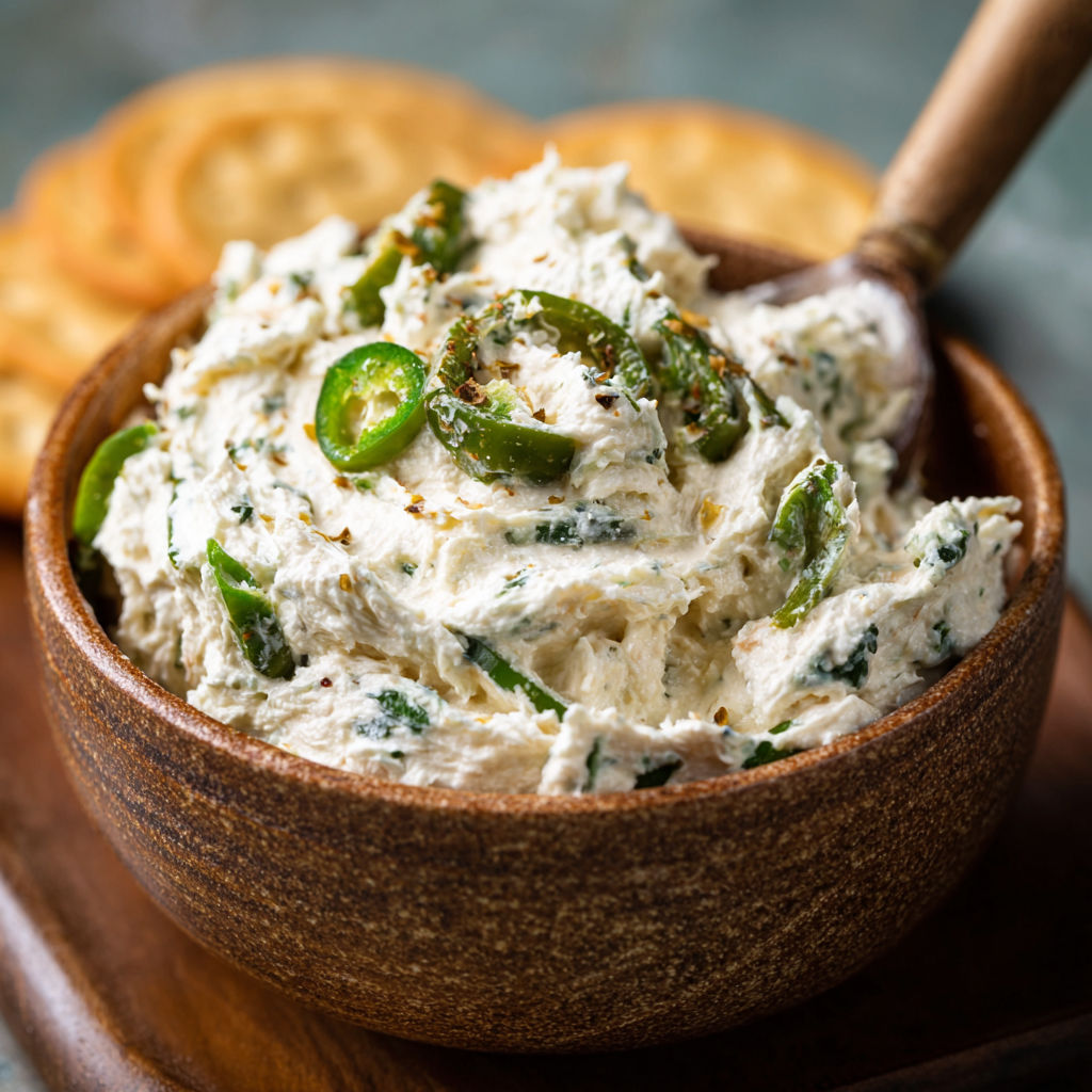 A bowl of dip with jalapenos and cheese, served with crackers.