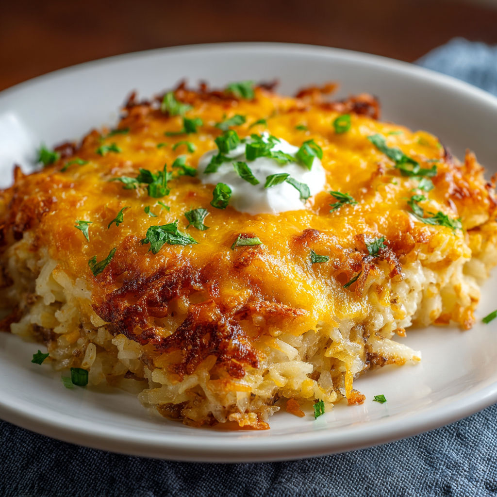 A delicious Taco Hashbrown Casserole is served on a white plate.